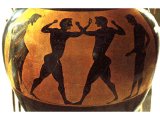 Boxers depicted on Greek vase. 5th century BC.